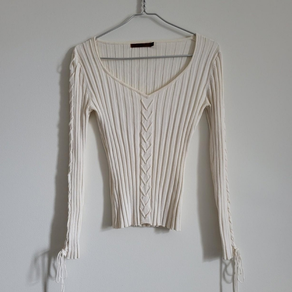 Cream Ribbed Knit Sweater - Picture 2 of 2